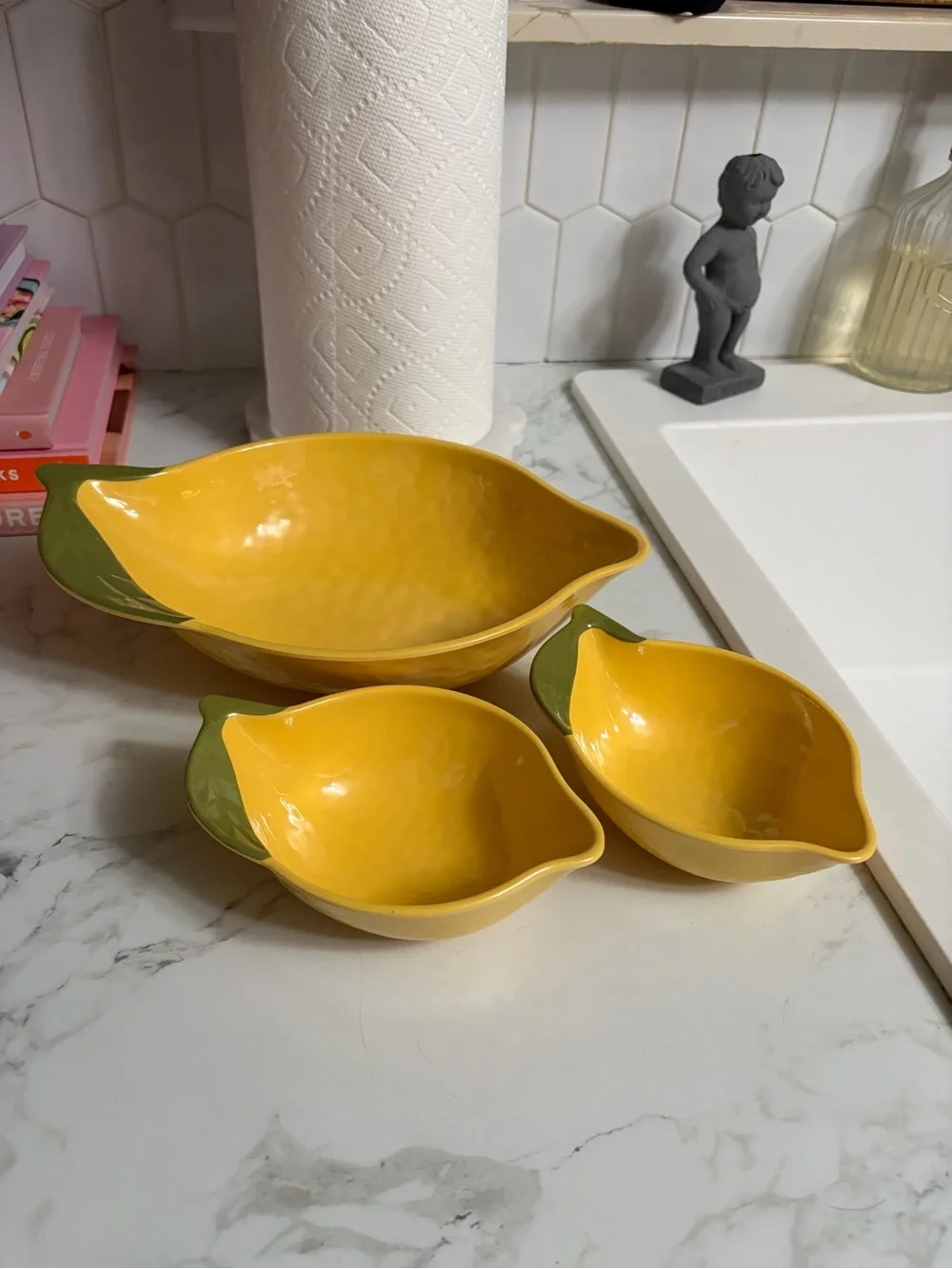 Yellow Lemon Serving Bowls with Green Handles - Set of 3